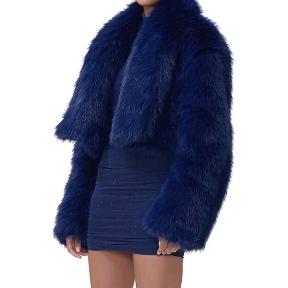 AFRM Stephanie fur jacket in dark navy - Picture 2 of 6